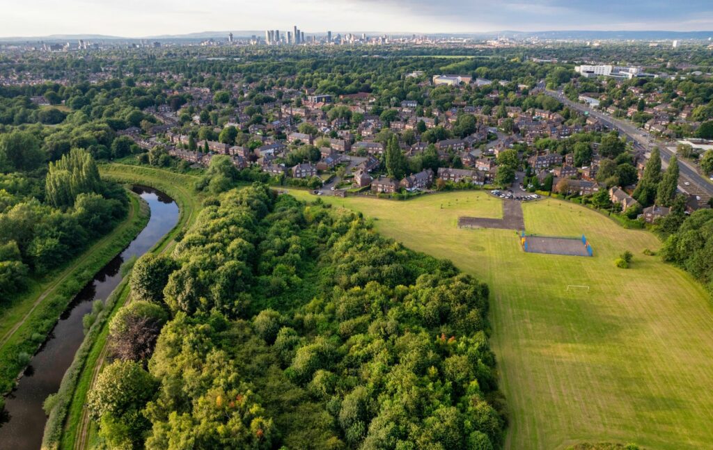 Luxury houses in Manchester, City Skyline showing suburban residental area